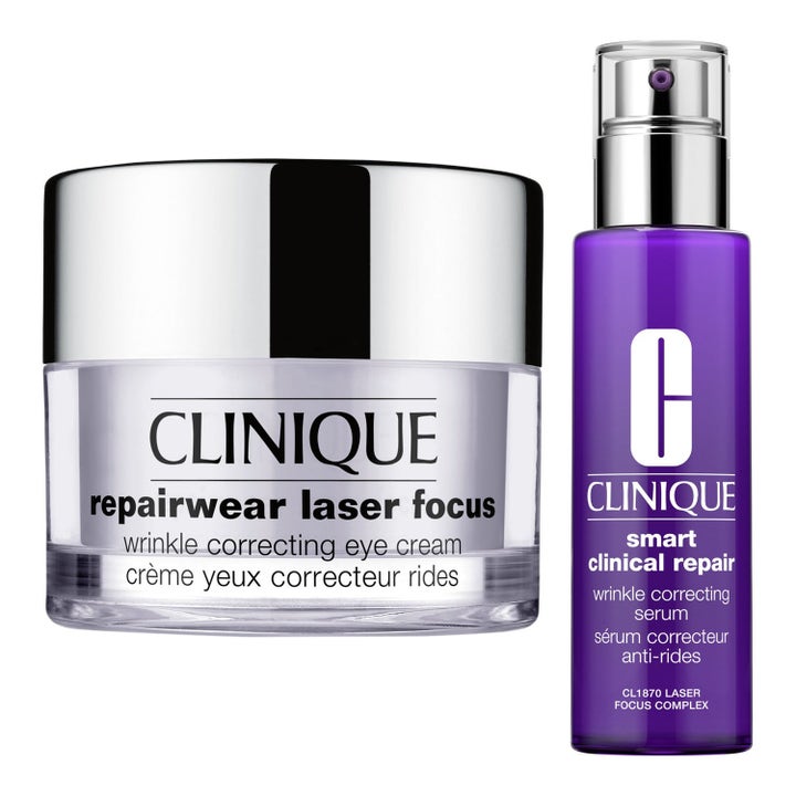 Clinique Repairwear Laser Focus och Smart Clinical Repair mot rynkor med ögonkräm i burk och lila serumflaska