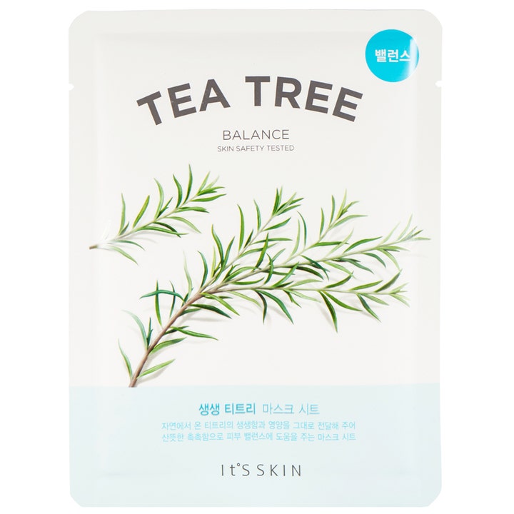 It'S SKIN Tea Tree Balance balanserande koreansk sheet mask i vit förpackning dekorerad med gröna bladkvistar.