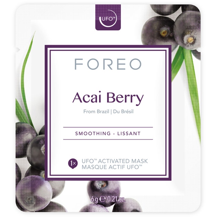 FOREO UFO Acai Berry 6 g återfuktande acai mask i sachet med lila detaljer och färska bär