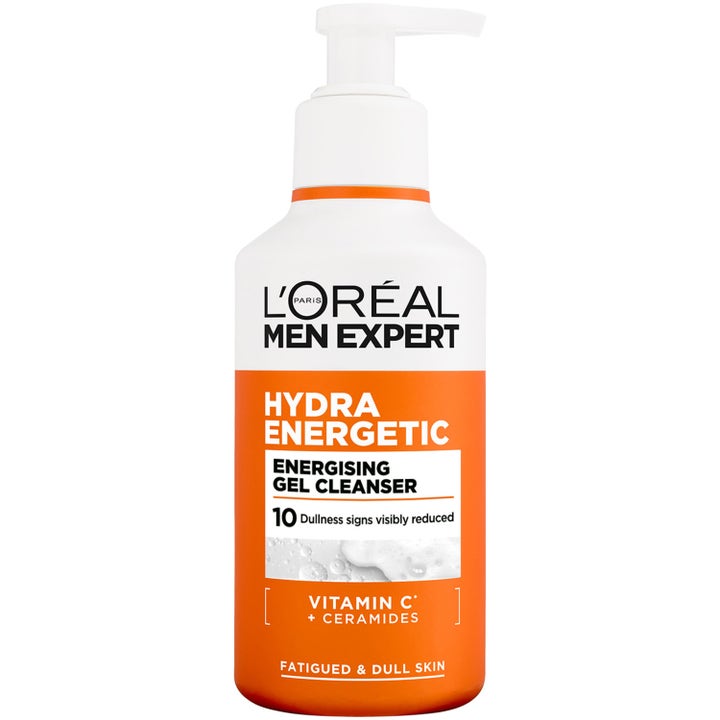 L'Oréal Men Expert Hydra Energetic Energising Gel Cleanser ger lyster åt trött hy i en vit och orange pumpflaska