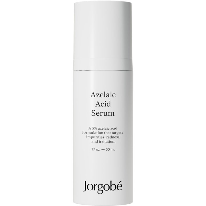 Jorgobé Azelaic Acid Serum 50 ml för effektiv aknebehandling med azelainsyra i en minimalistisk vit pumpflaska.