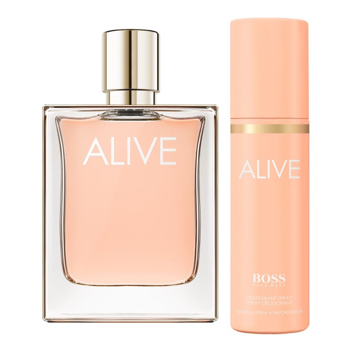 Hugo Boss BOSS Alive gåvoset 180 ml för en fräsch känsla med persikofärgad glasflaska och deospray
