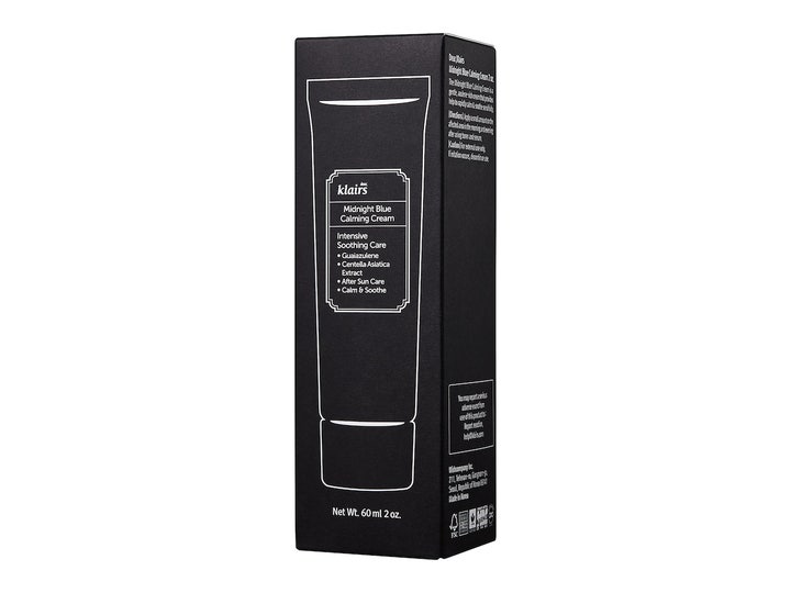 Klairs Midnight Blue Calming Cream 60 ml anti-inflammatorisk ansiktskräm i svart ytterbox med vit illustration