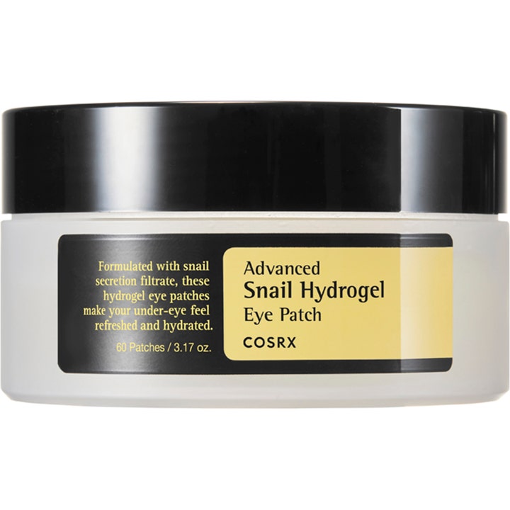 COSRX Advanced Snail Hydrogel Eye Patch 60 st återfuktande snigelmask i vit plastburk med svart lock och gul etikett.