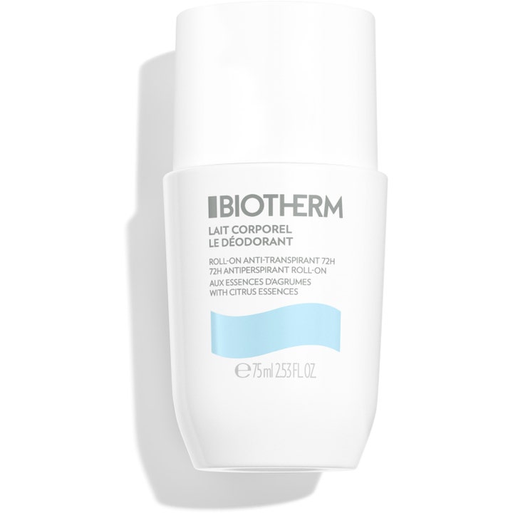Biotherm Lait Corporel Deodorant 75 ml är en deodorant roll on med 72h skydd i vit flaska med ljusblå våg.