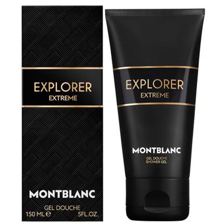 Montblanc Explorer Extreme 150 ml uppfriskande shower gel i mattsvart tub bredvid mönstrad ytterförpackning.