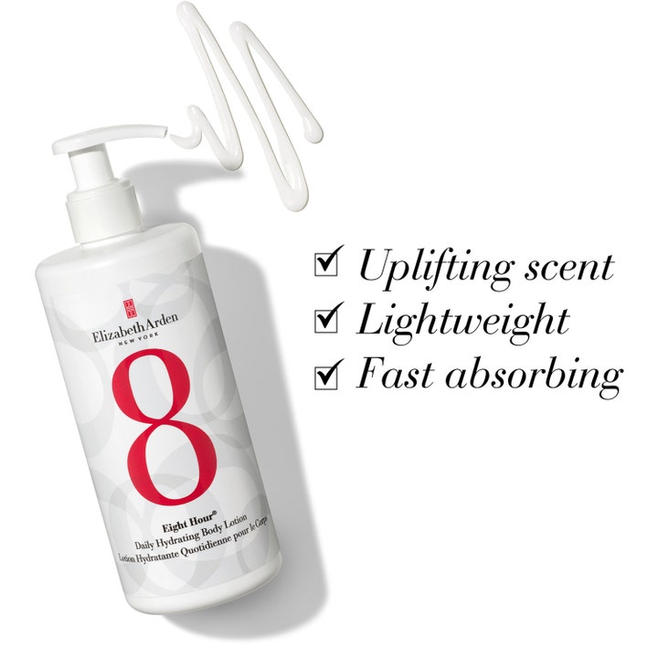 Elizabeth Arden Eight Hour Daily Hydrating Body Lotion 380 ml med vit lätt konsistens som återfuktar huden