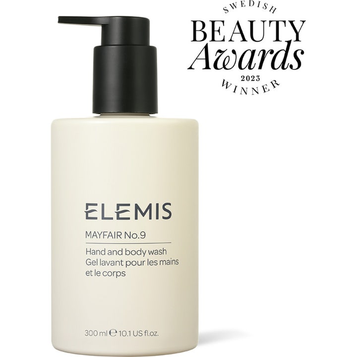 Elemis Mayfair No.9 Hand & Body Wash 300 ml exklusiv handtvål i beige flaska med svart pump och vinnarsigill