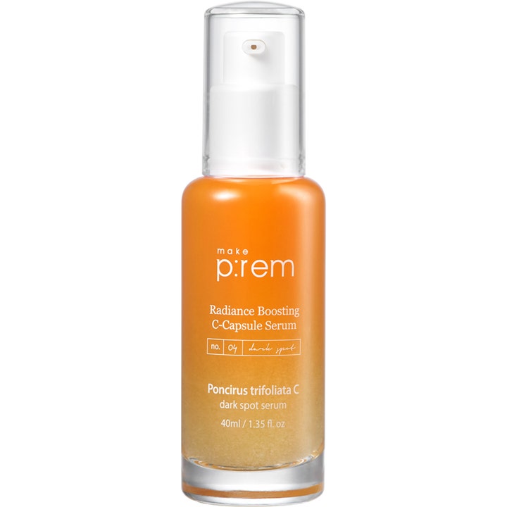 make p:rem Radiance Boosting C-Capsule Serum 40 ml c-vitamin kapselserum mot hyperpigmentering i orangegul flaska med vit pump