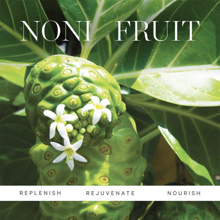 KORA Organics Noni Radiant Eye Treatment Oil 10 ml med noniolja visar en mogen nonifrukt och vita blommor.