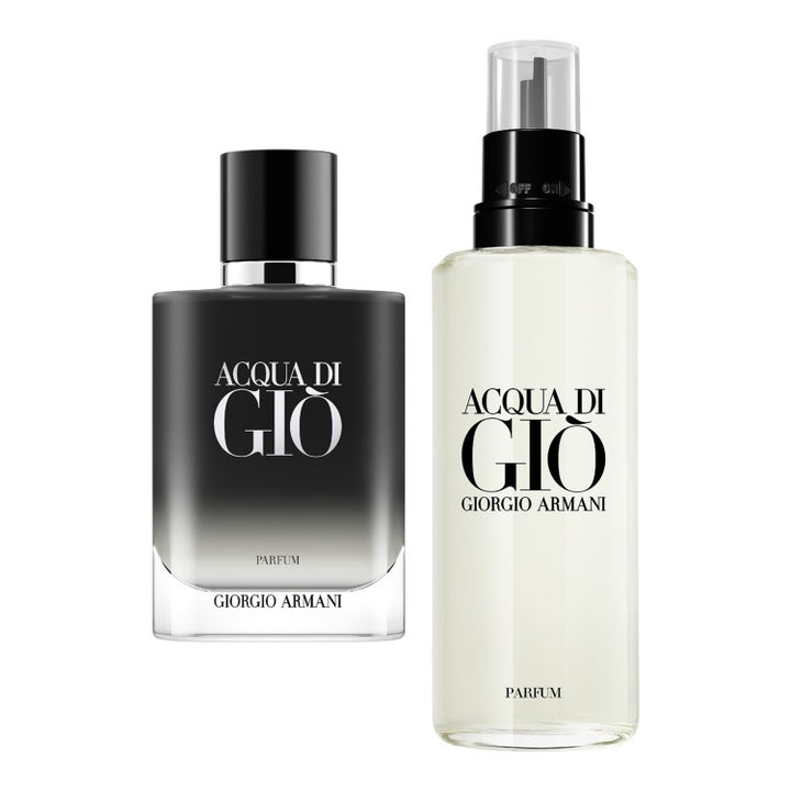 Armani Acqua Di Giò Parfum 200ml refill herrparfym i svarttonad glasflaska och en transparent refillflaska med svart pip