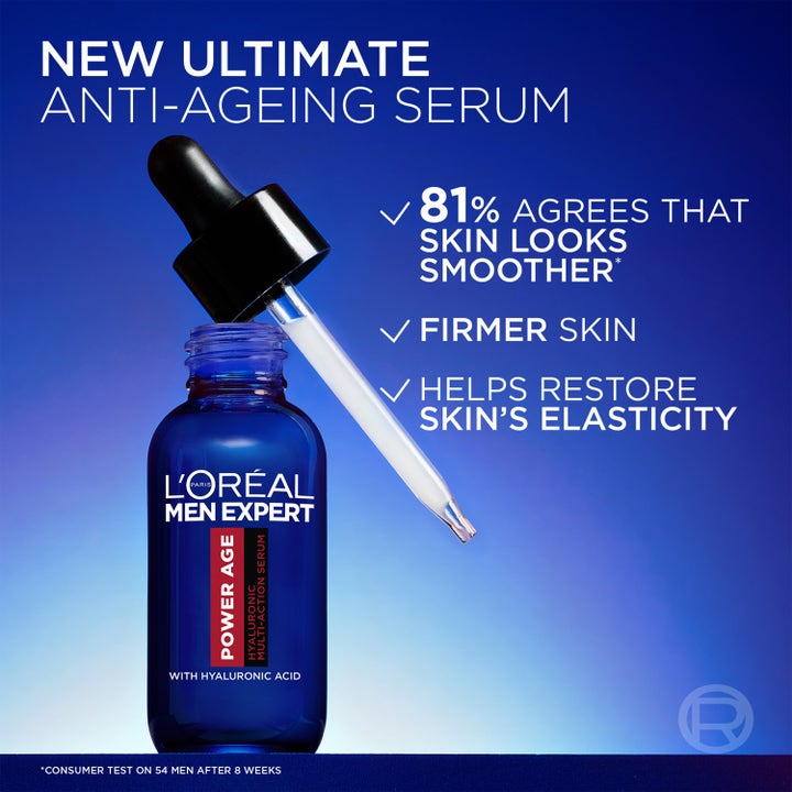 L'Oréal Paris Men Expert Power Age Serum 30 ml anti-aging herrserum i blå glasflaska med pipette för fastare hud.