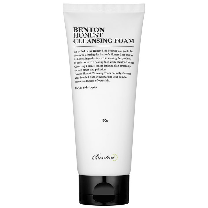 Benton Honest Cleansing Foam 150g benton skumrengöring i vit tub med svart lock för daglig återfuktande ansiktstvätt.