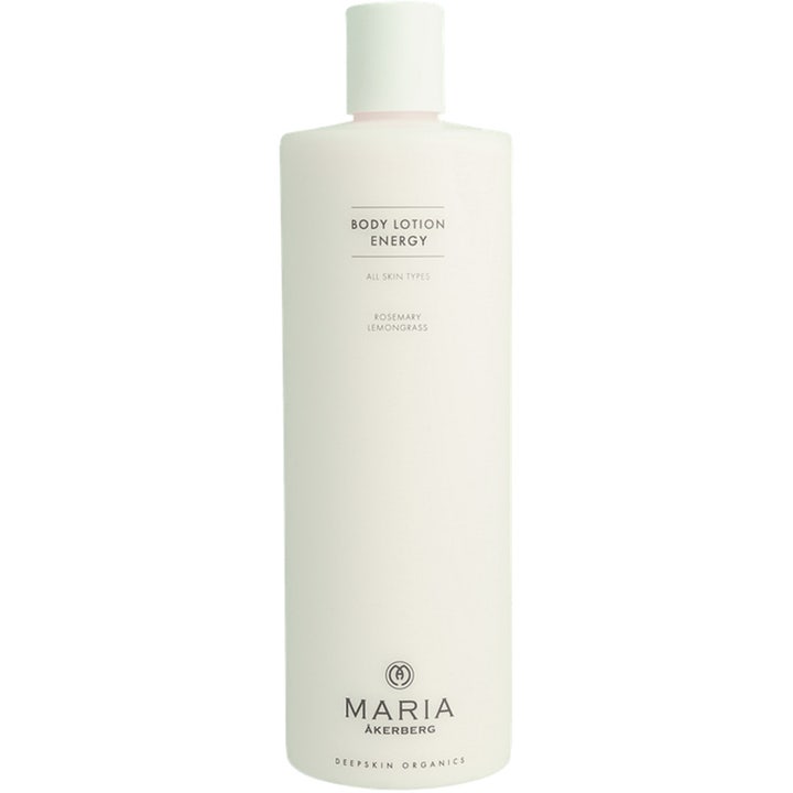 Maria Åkerberg Body Lotion Energy 500 ml uppiggande ekologisk rosmarin hudvård i en hög vit plastflaska med vitt lock