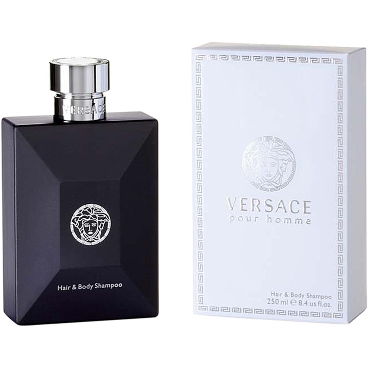 Versace Pour Homme 250 ml premium duschtvål i stilren svart flaska med silverdetaljer och vit ytterförpackning