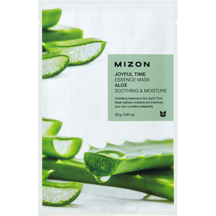 Mizon Joyful Time Essence Mask Aloe 23 g lugnande ansiktsmask med aloe för känslig hud i vit sachet med gröna blad