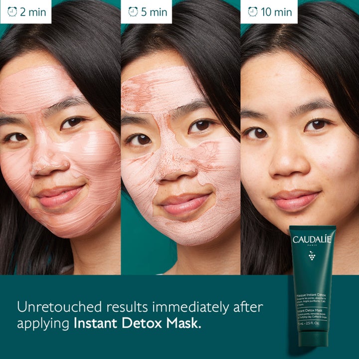 Caudalie Instant Detox Mask 75 ml ansiktsmask detox ger poreminskning visat genom rosa lermask på hy i tre steg.