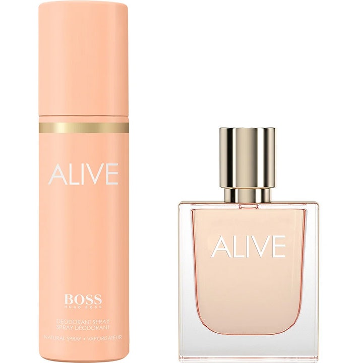 Hugo Boss BOSS Alive set 50 ml och 100 ml parfym dam i elegant glasflaska med matchande persikofärgad deospray