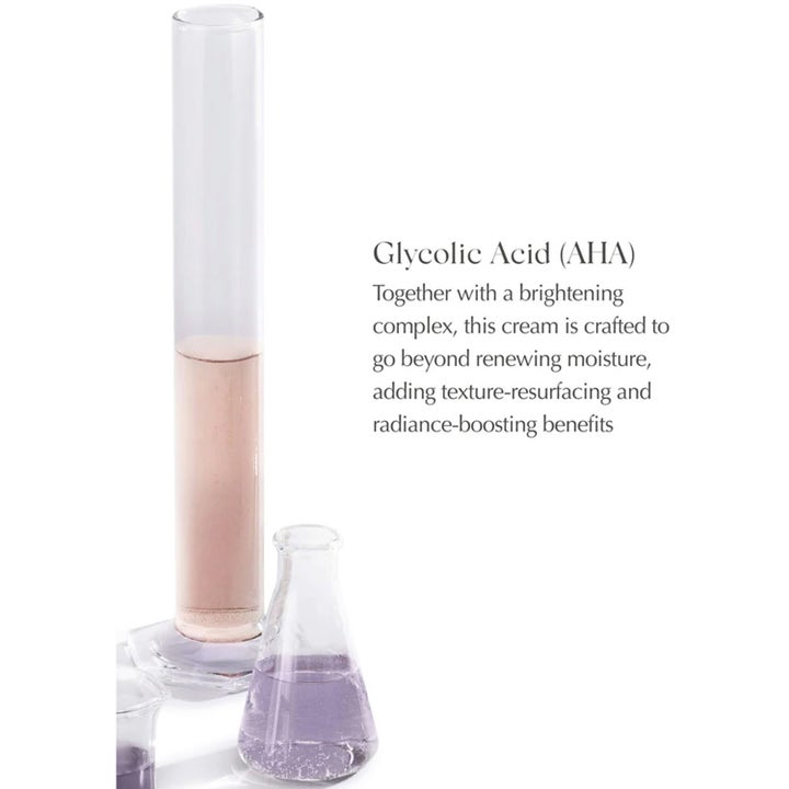 Exuviance Glycolic Perfecting Moisturizer 45 g aha-syra kräm visas med laboratorieglas och text om hudförnyelse.