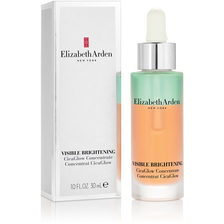 Elizabeth Arden Visible Brightening Cica Glow 30 ml lystergivande serum i tvåfärgad flaska med silverpipett och vit box