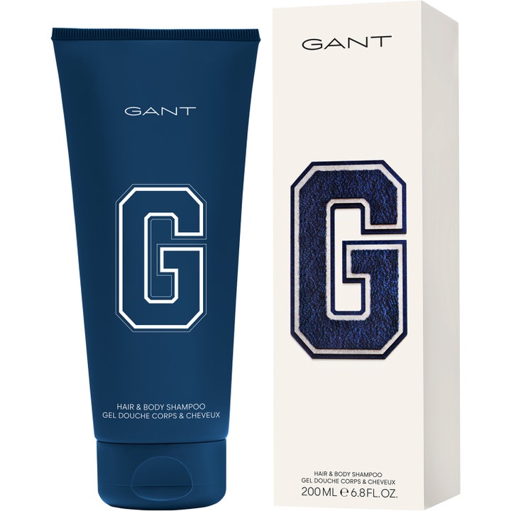 GANT Hair & Body Shampoo 200 ml herreschampo och duschtvål i marinblå tub och vit ask med ikonisk bokstavslogga.