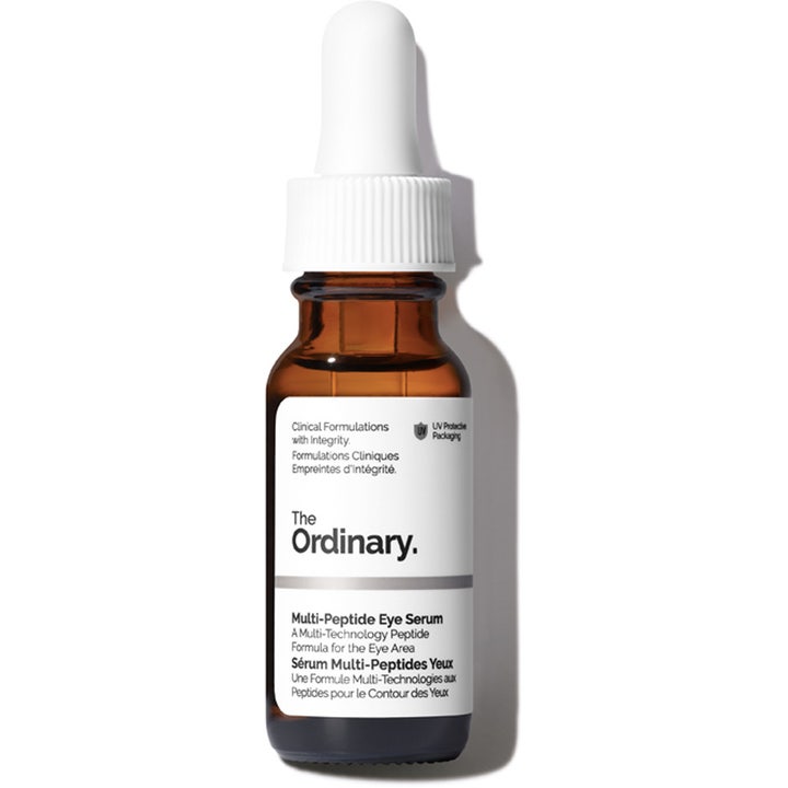 The Ordinary Multi-Peptide Eye Serum 15ml peptid ögonserum i brun glasflaska med vit pipett ger en piggare blick.