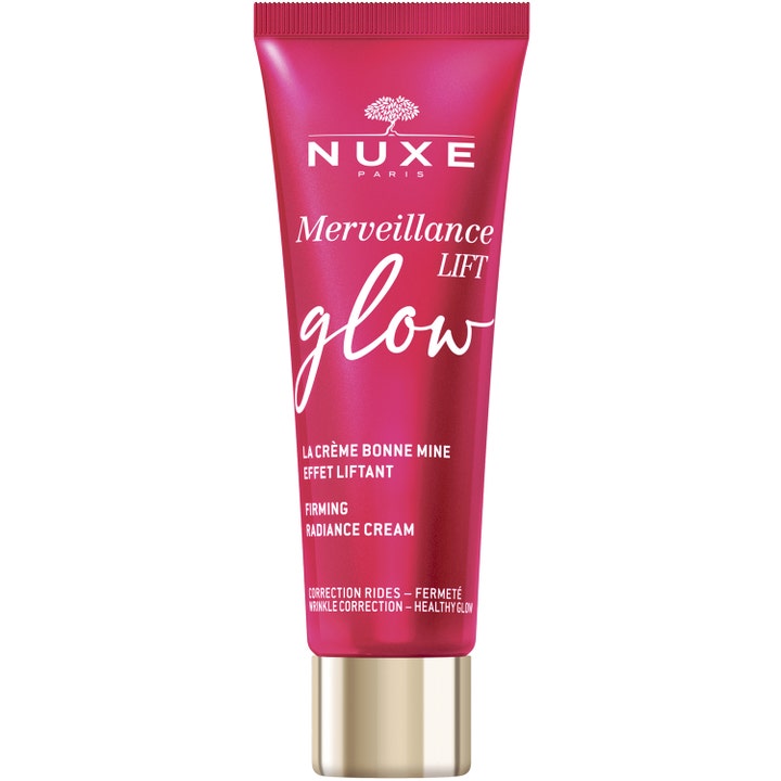 Nuxe Merveillance Lift Glow uppstramande kräm ansikte ger lyster i en hallonrosa tub med guldfärgat lock