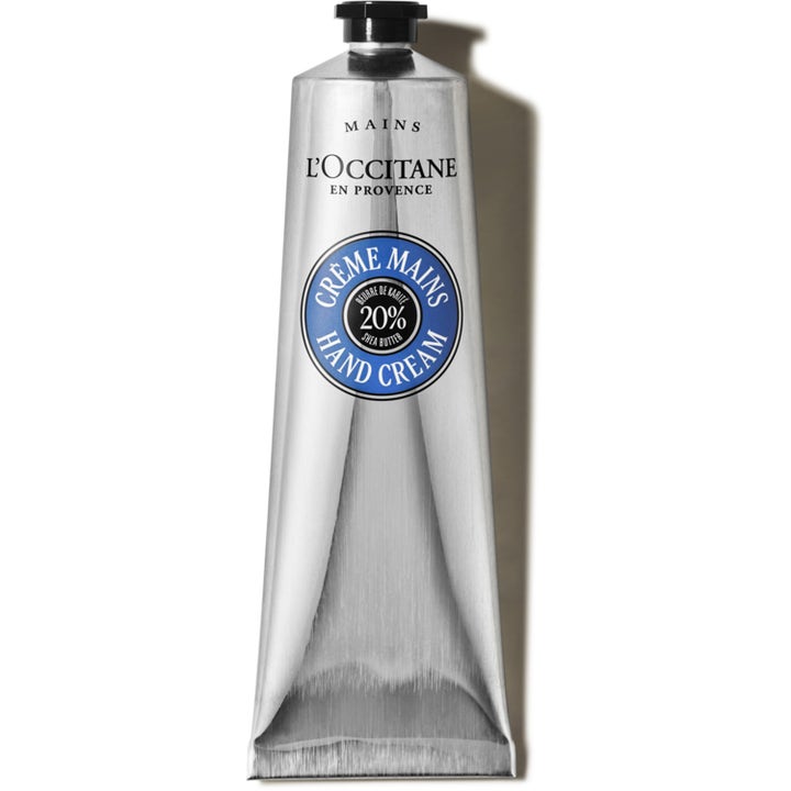 L'Occitane Shea Butter Hand Cream 150ml lyxig handkräm för torr hud i klassisk silverfärgad tub med blått emblem.