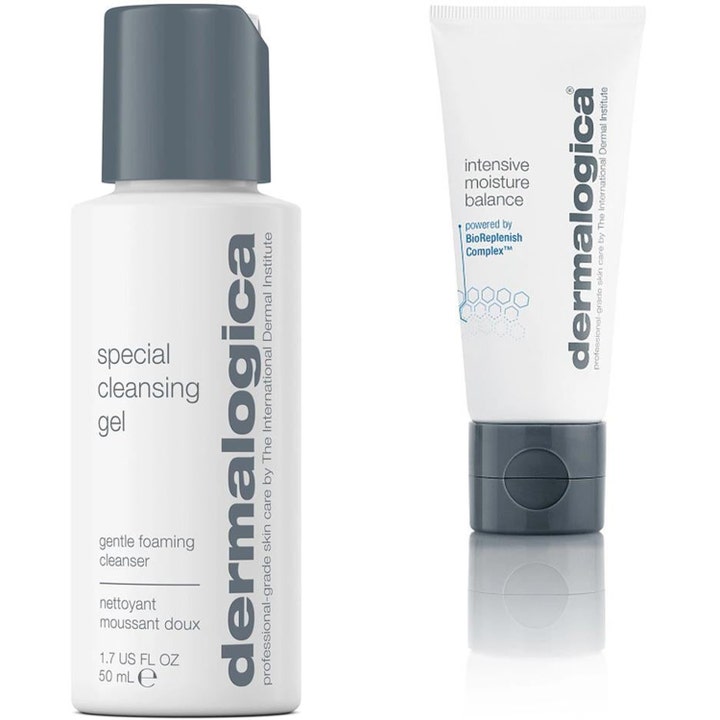 Dermalogica Special Cleansing Gel 50 ml och Intensive Moisture Balance för ren och återfuktad hy i vit flaska och tub.