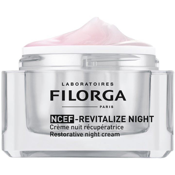 Filorga NCEF-Revitalize Night Cream 50 ml återfuktande nattkräm i glasburk med en mjuk ljusrosa krämig konsistens