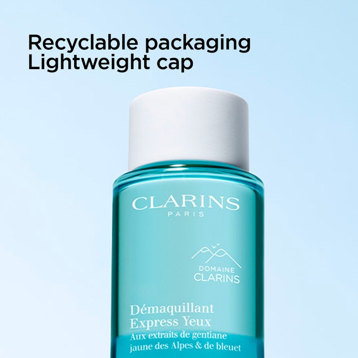 Clarins Instant Eye Make-Up Remover 125 ml ögonrengöring i turkos flaska med vitt lock och återvinningsbar förpackning
