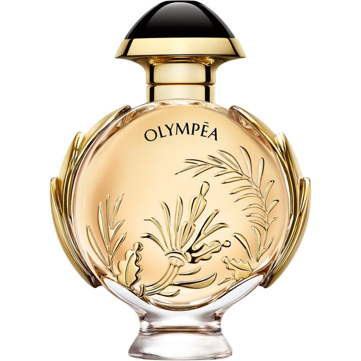 Paco Rabanne Olympea Solar 50ml Eau de Parfum i rund glasflaska med ingraverade guldiga blad och svart lock