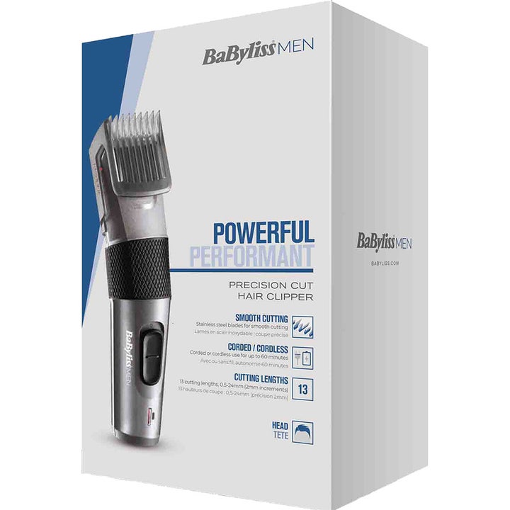BaByliss Precision Cut 1 st hårklippare i vit kartong visar en ergonomisk babyliss precision cut elektrisk med 13 längder.