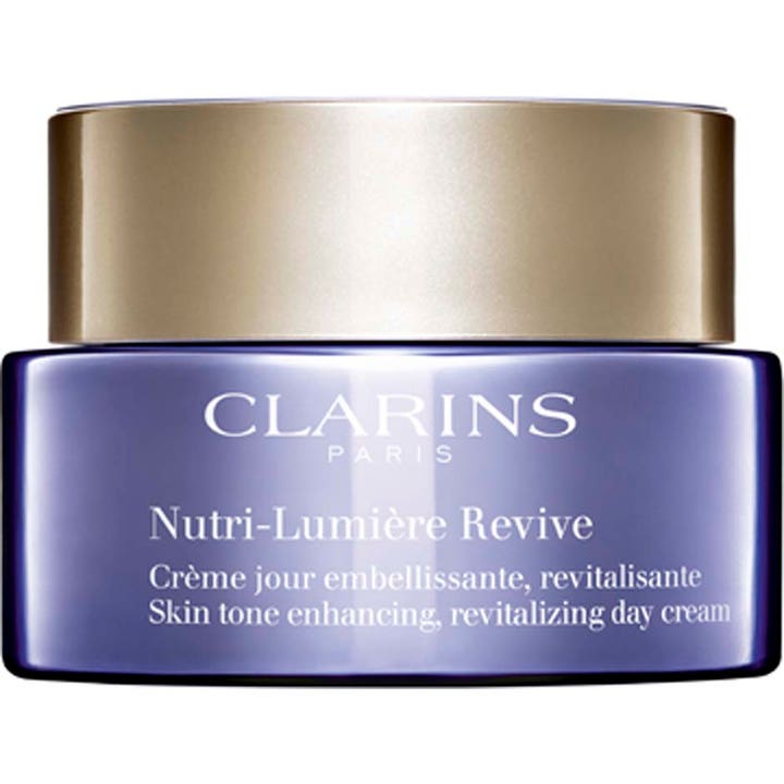 Clarins Nutri-Lumière Revive 50 ml revitaliserande dagkräm i lyxig lila glasburk med guldfärgat lock