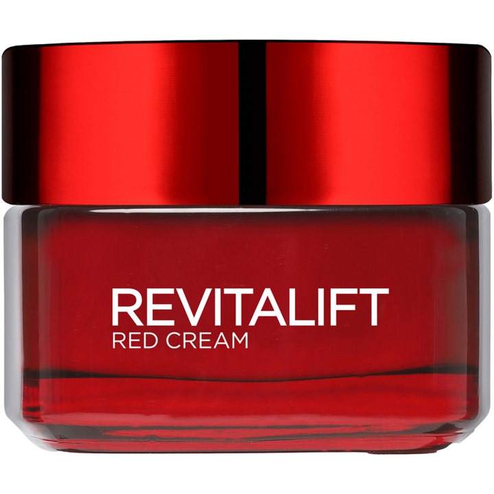 L'Oréal Revitalift Red Cream 50ml antiåldrande L'Oréal glowkräm med ginseng ansiktsvård i en röd glasburk med rött lock