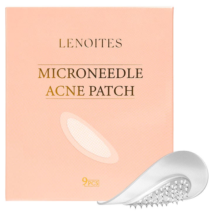 Lenoites Microneedle Acne Patch 9 st akneplåster behandling i persikorosa ask med ett ovalt plåster med mikronålar