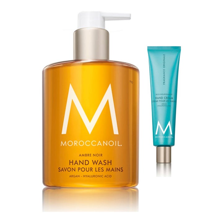 Moroccanoil Hand Wash och Hand Cream återfuktande handvård med arganolja i bärnstensfärgad pumpflaska och turkos tub
