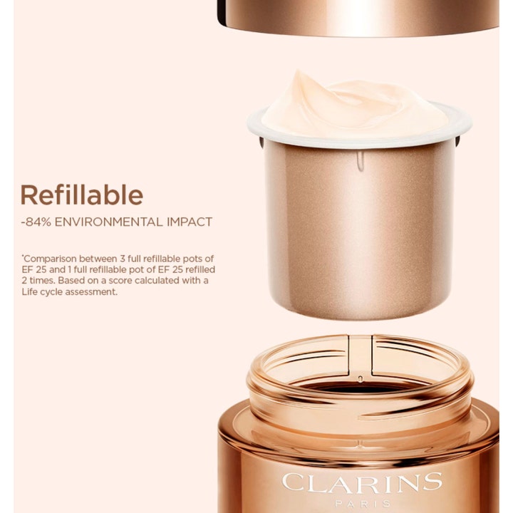 Clarins Extra-Firming Jour 50 ml ansiktskräm med omedelbar lyfteffekt i en refillbar burk med texten Refillable.
