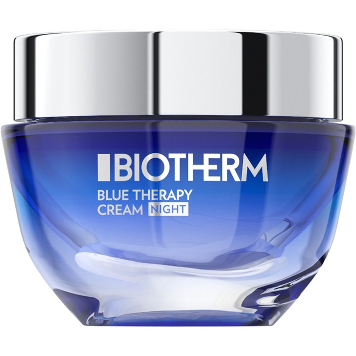 Biotherm Blue Therapy Night Cream 50 ml återfuktande nattkräm i en djupt blå glasburk med blankt silverlock.