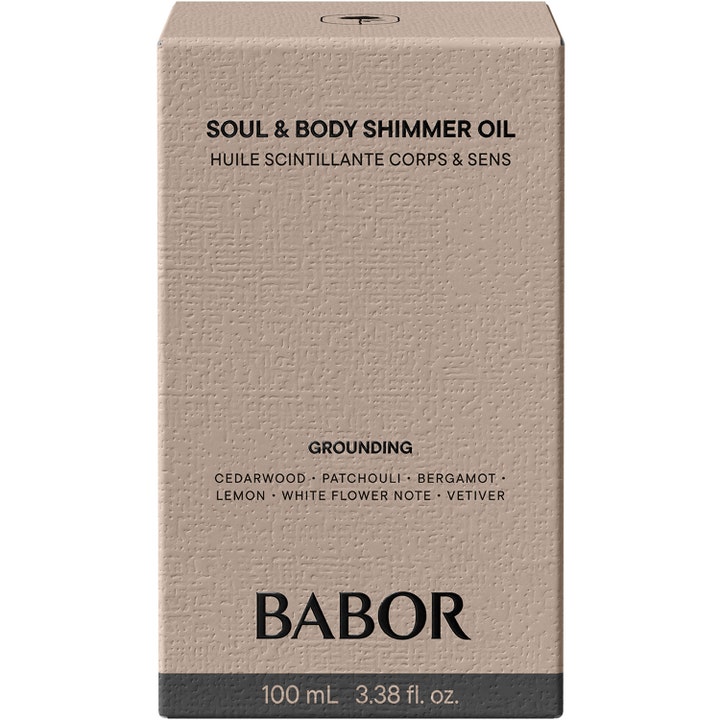 Babor Soul & Body Shimmer Oil 100 ml är en lystergivande shimmerolja i en beige texturerad ytterförpackning.