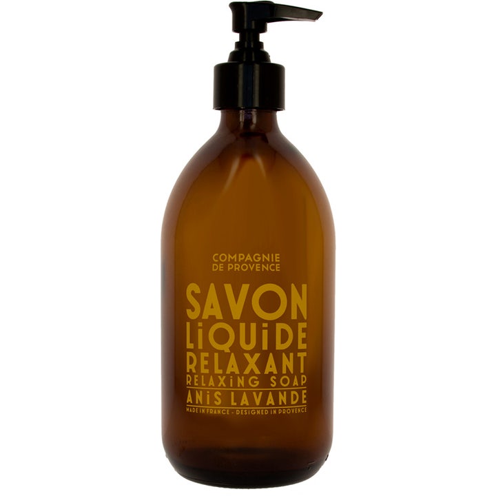 Compagnie de Provence Savon Liquide Relaxant 500ml flytande handtvål lavendel i bärnstensfärgad glasflaska med svart pump