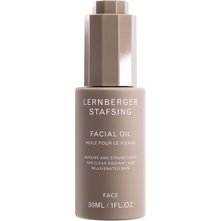 Lernberger Stafsing Facial Oil 30 ml reparationsolja som ger lyster i en matt taupe-färgad flaska med pipettkork.