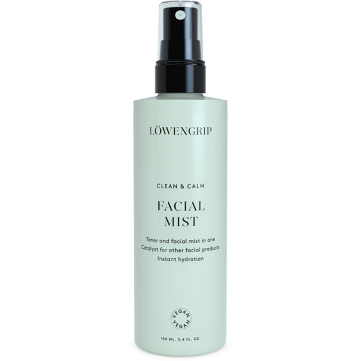 Löwengrip Clean & Calm Facial Mist 100 ml ger omedelbar hydration i ljusgrön flaska med svart spraypump