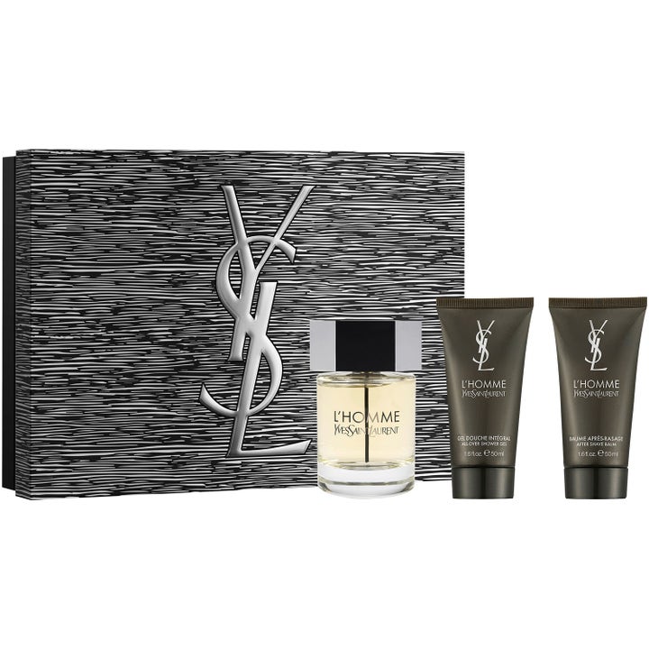 Yves Saint Laurent L'Homme 100ml gift set herr med parfym och kroppsvård i svartmönstrad box med stor silverlogotyp