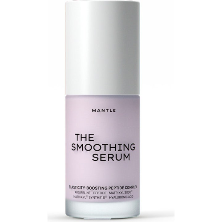 Mantle The Smoothing Serum 30 ml utslätande ansiktsserum med peptider i ljusrosa glasflaska med vit pump