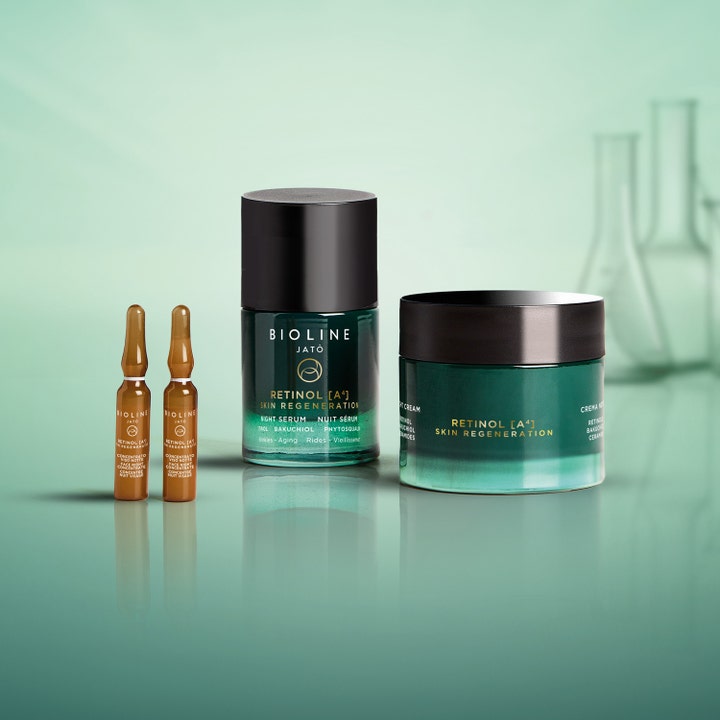 Bioline Jatò Retinol A4 Skin Regeneration Night Cream 50 ml nattkräm med retinol i grön glasburk med serum