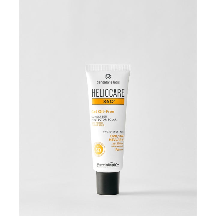 Heliocare 360 Gel Oil Free 50 ml kladdfri solkräm för fet hy i vit tub med svart kork