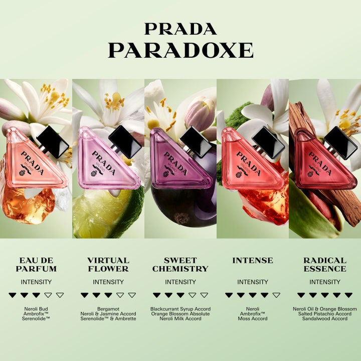 Prada Paradoxe Intense 90 ml damparfym med flera rosa triangelformade glasflaskor på grön bakgrund