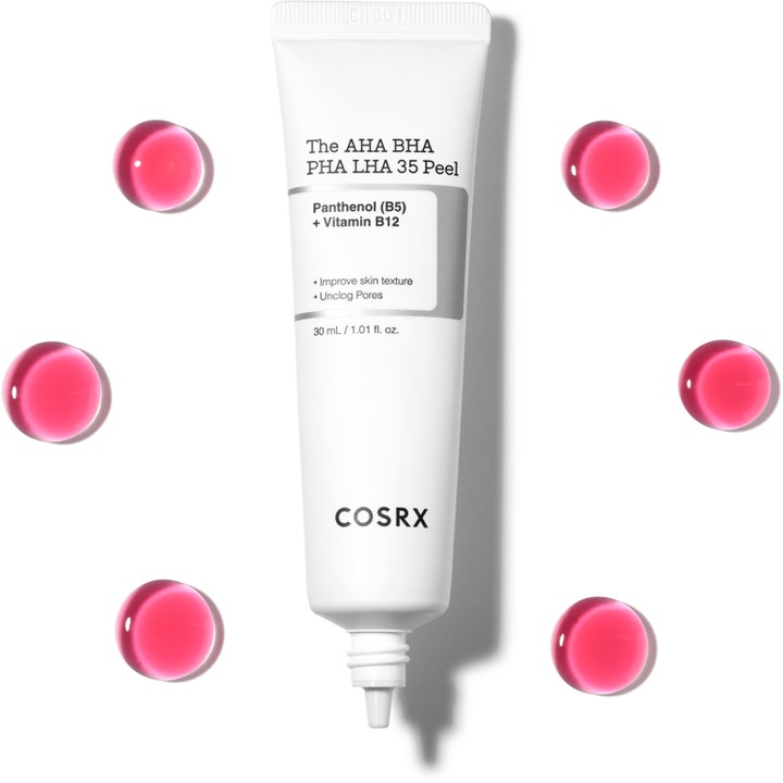 COSRX The AHA BHA PHA LHA 35 Peel 30 ml kemisk peeling för hemmabruk i vit tub omgiven av rosa droppar för slät hud