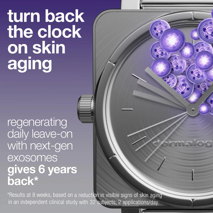 Dermalogica Phyto Nature E2 100 ml serum mot hudåldrande med lila exosomer på en stilren silverklocka